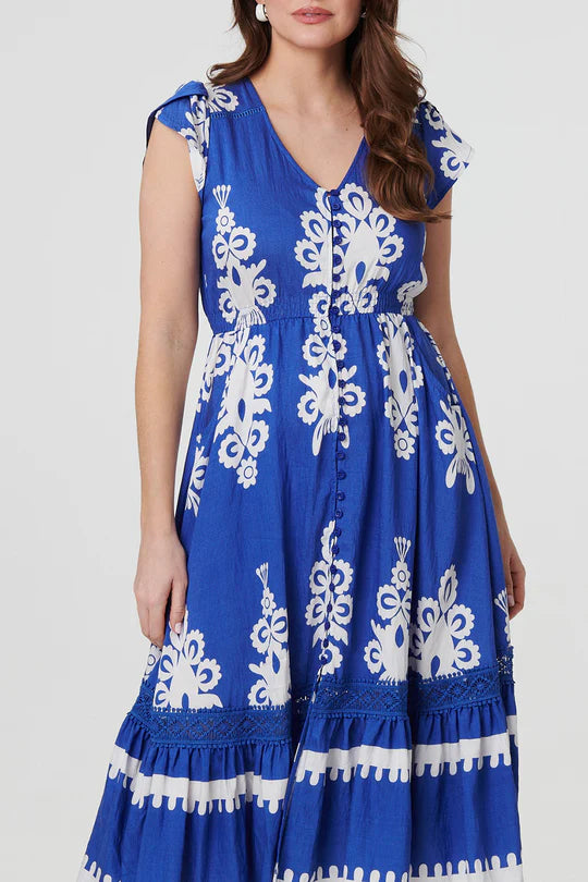 CASSIA - Printed v.neck midi dress