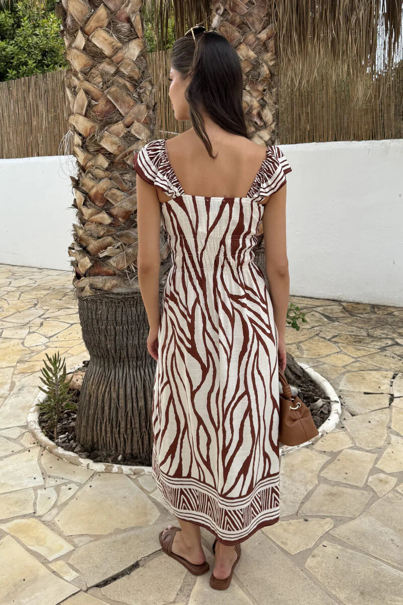 AX Paris - DA2572 - Cream And Brown Abstract Print Frill Strap Midi Dress