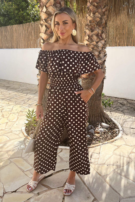 AX Paris - PA726 - Chocolate Polka Dot Bardot Frill Culotte Jumpsuit