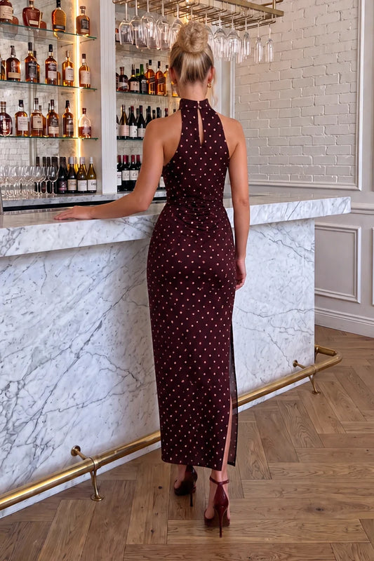Ax Paris - DA2685 - Burgundy Polka Dot Satin Ruched Midi Dress