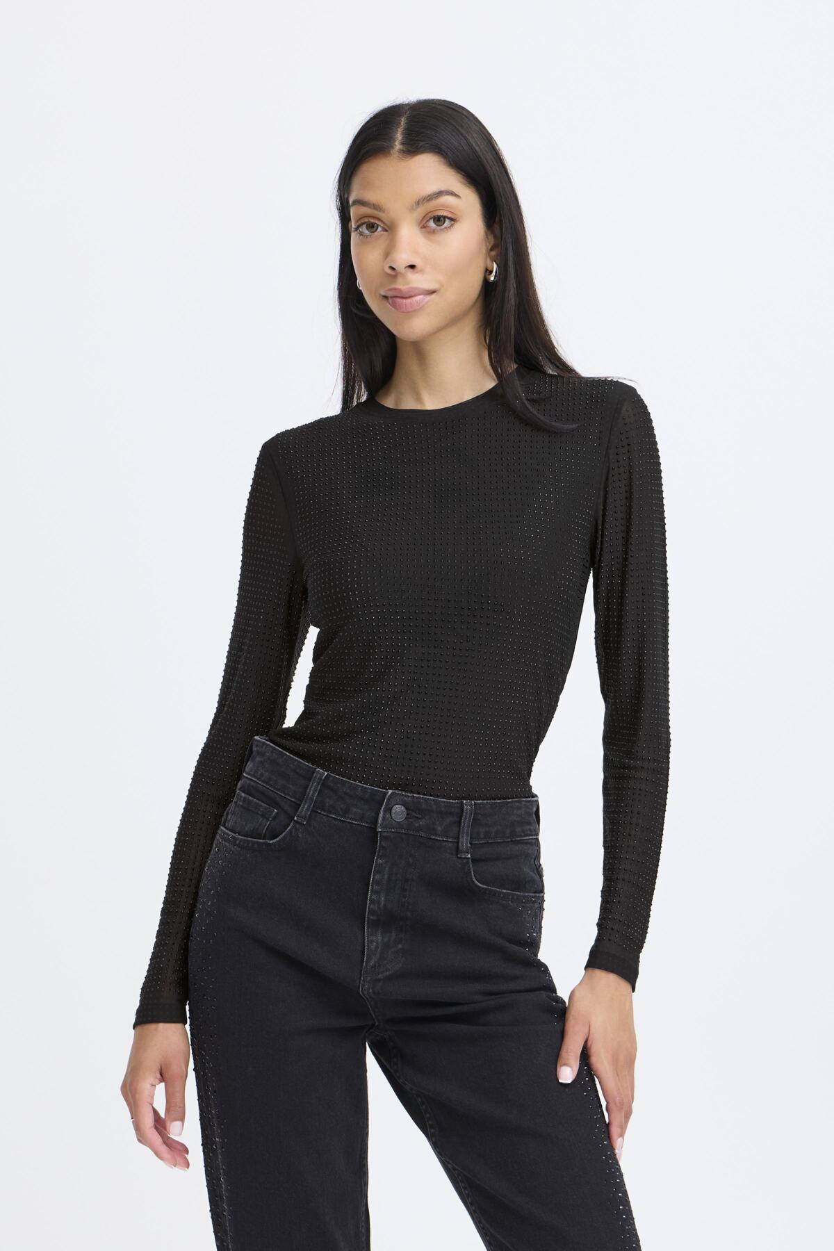 B.Young - PAVLINA - Fitted mesh long sleeve jewelled top