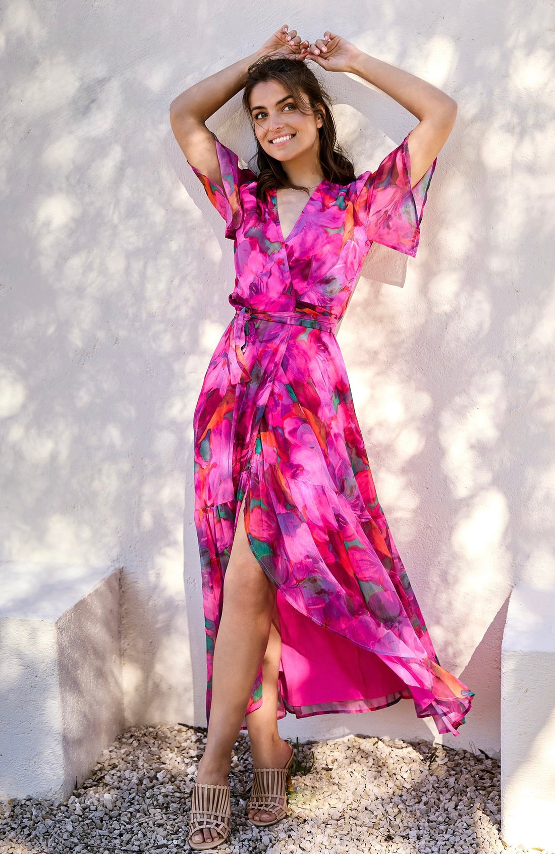 Hope & Ivy - CORINNE - Flutter Sleeve Maxi Wrap Dress with Tie Waist