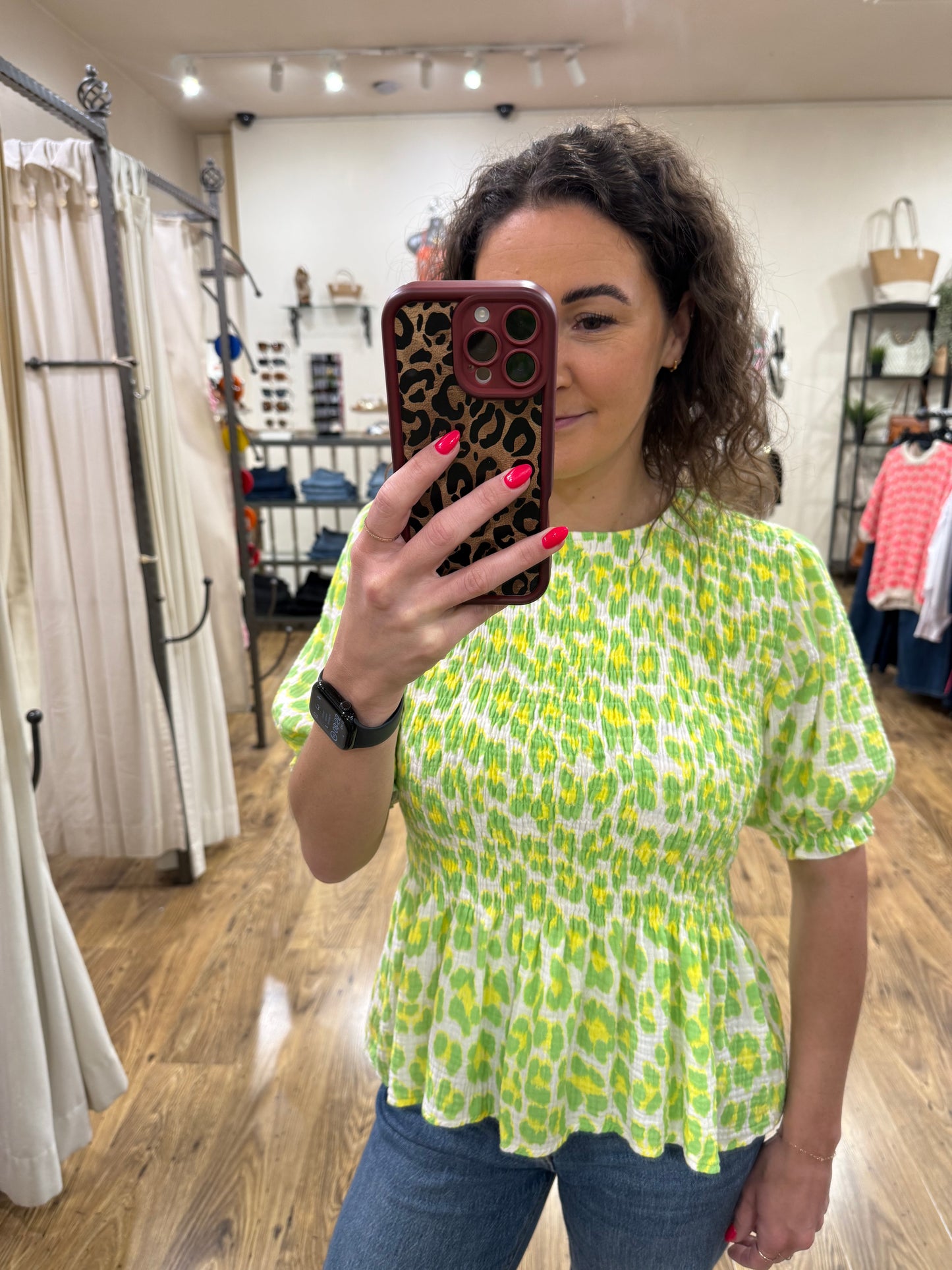POLLY - Leopard shirred detail peplum top