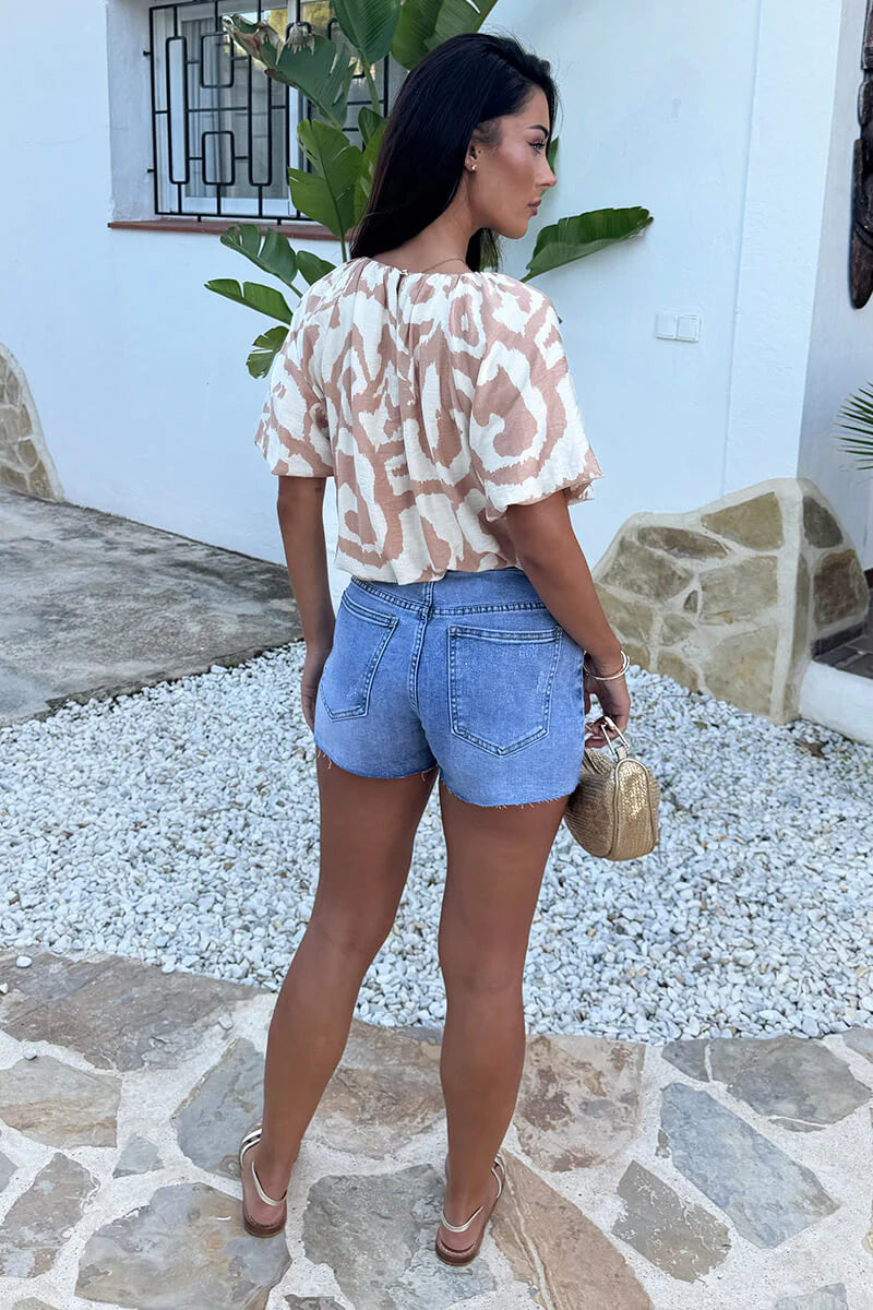 AX Paris - TA695 - Stone And Cream Abstract Print Puff Sleeve Bubble Hem Top