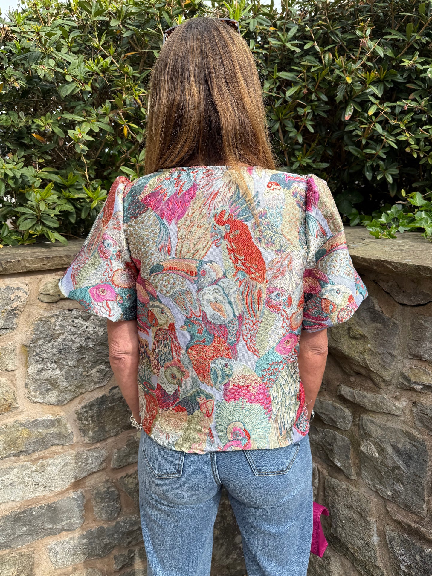 BIRDIE - Bird print tapestry puff sleeve top