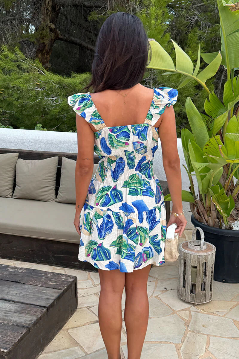 AX Paris - DA2619 - Blue Leaf Print Frill Strap Shirred Waist Mini Dress