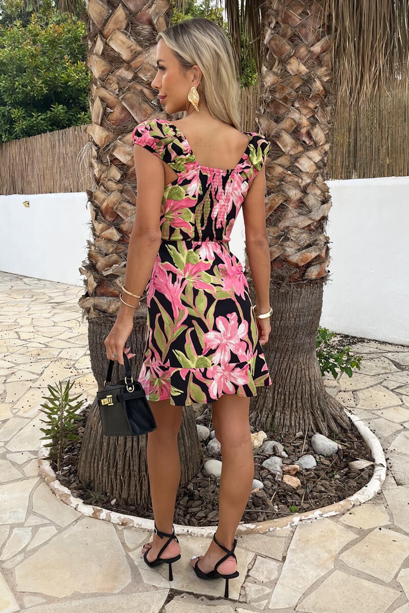 AX Paris - DA2596 - Pink Tropical Flower Print Tie Front Puff Sleeve Mini Dress