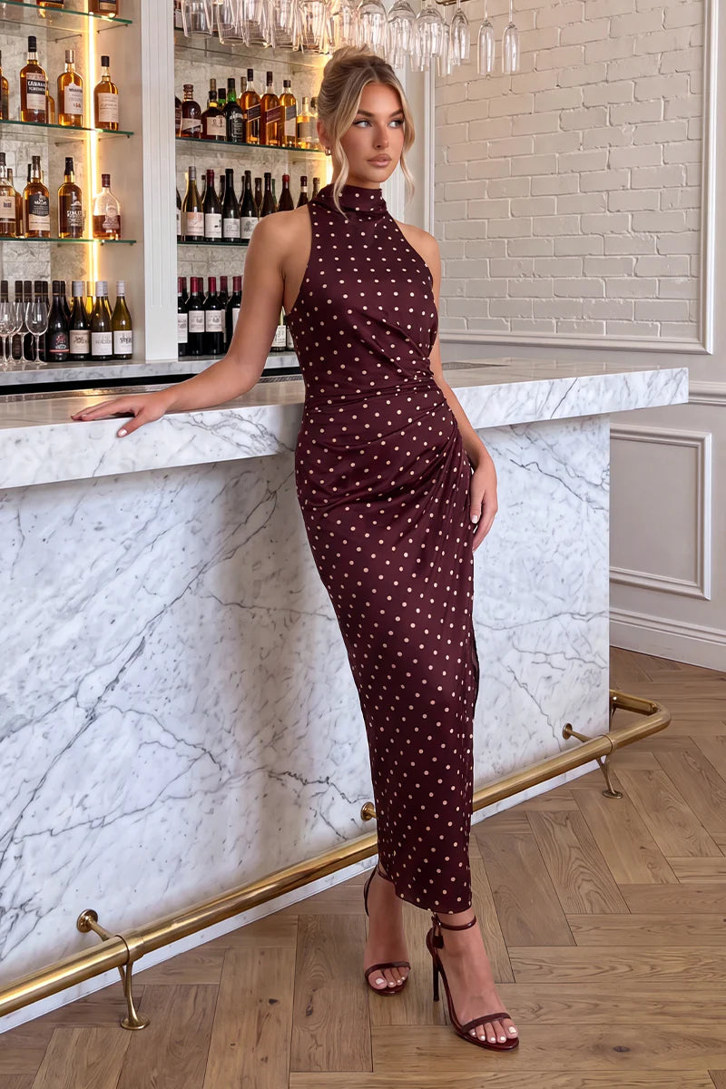 Ax Paris - DA2685 - Burgundy Polka Dot Satin Ruched Midi Dress