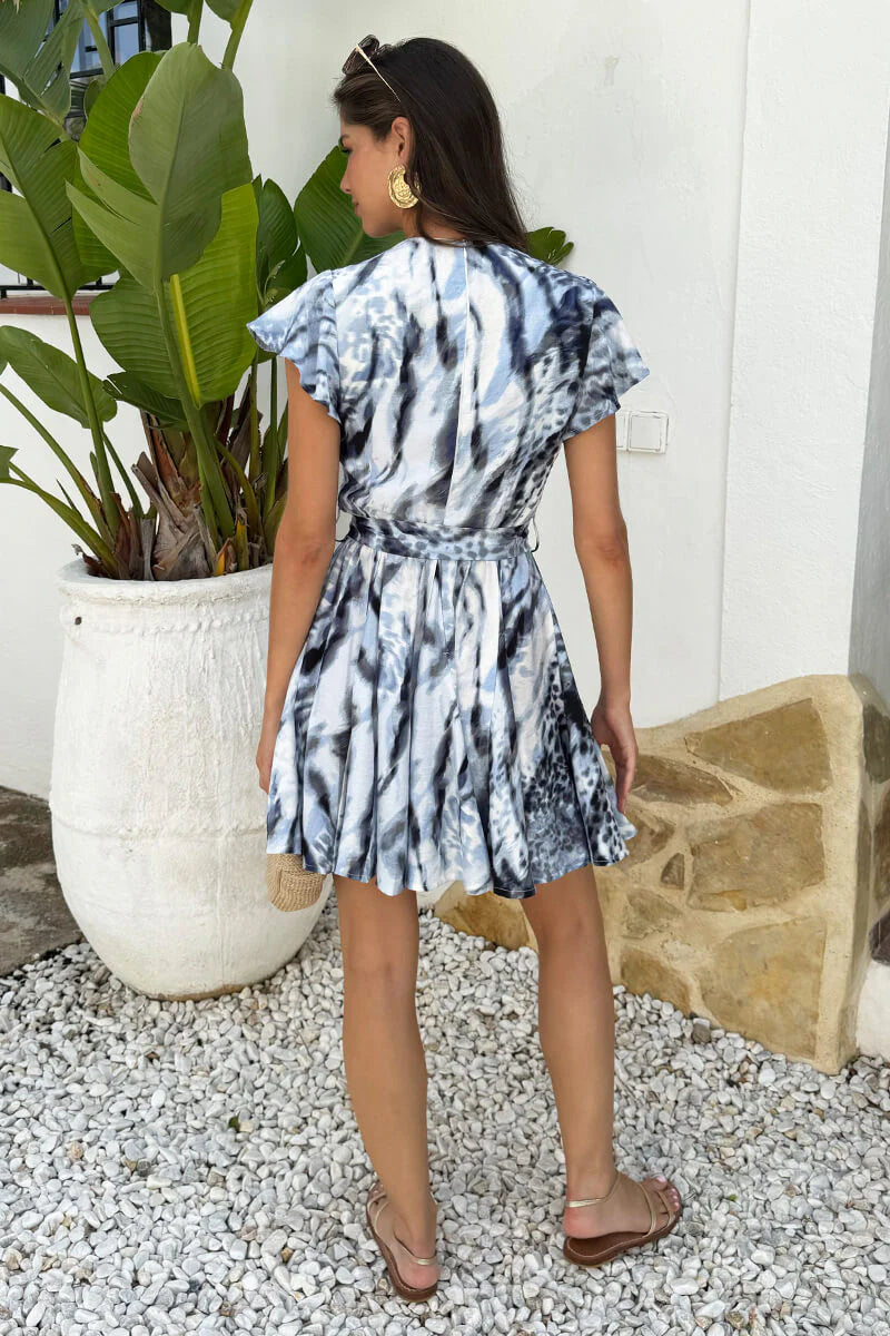 AX Paris - DA2436 - Blue Abstract Animal Print Wrap Top Skater Mini Dress