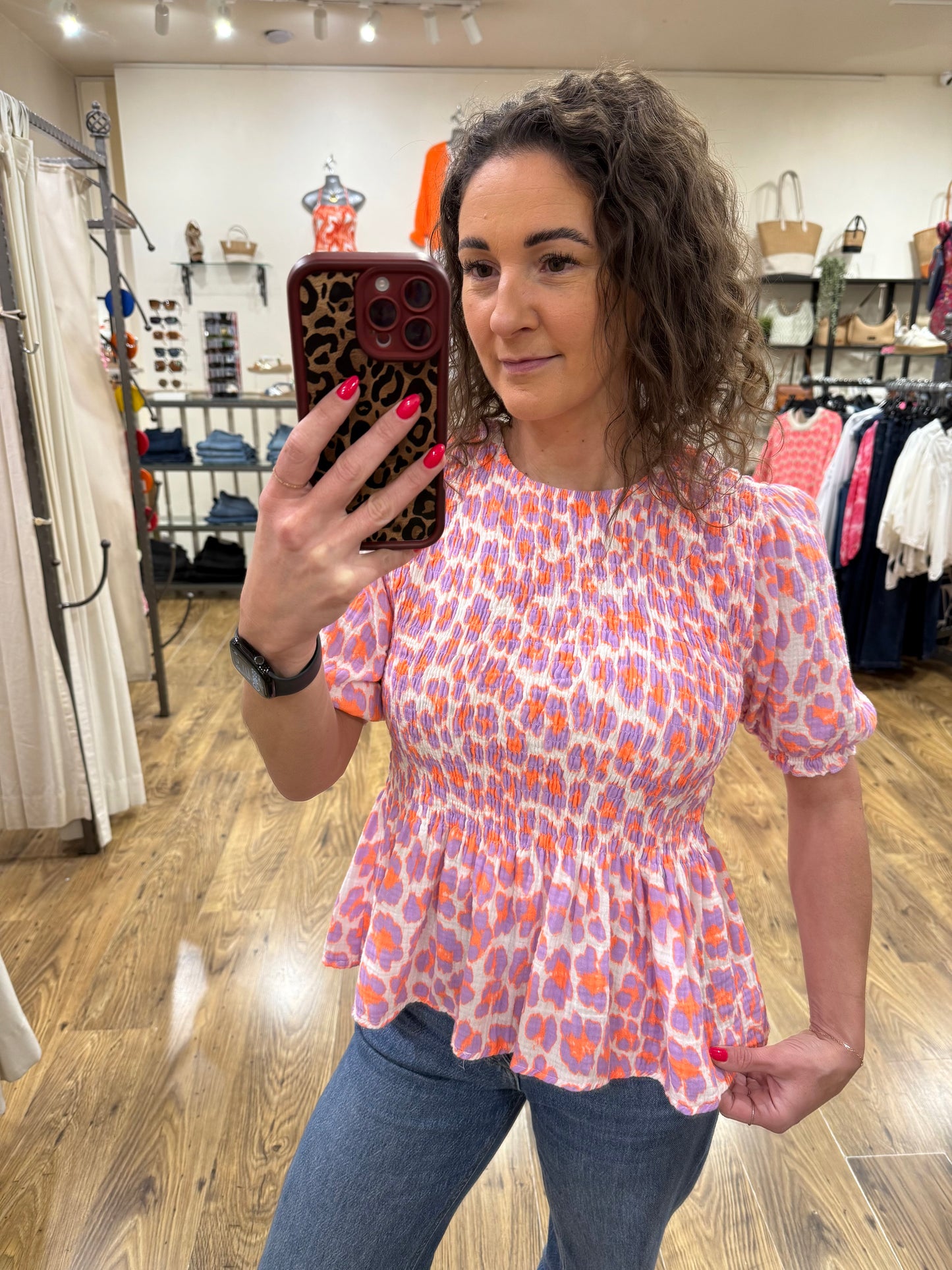 POLLY - Leopard shirred detail peplum top