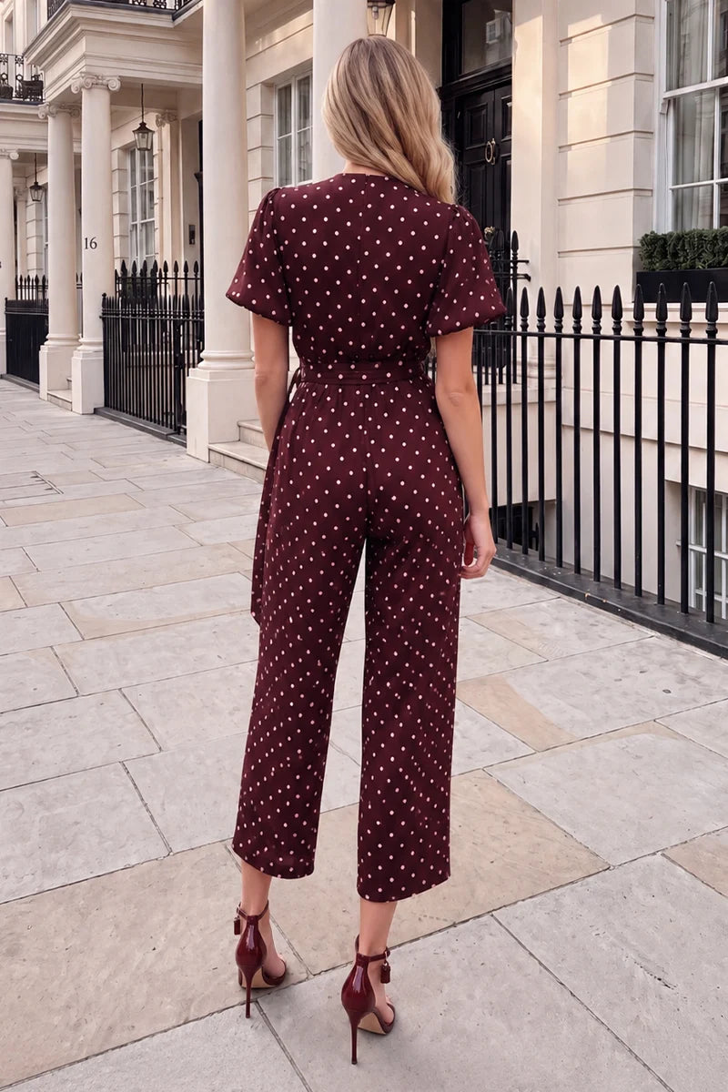 Ax Paris - PA767 - Burgundy Polka Dot Belted Wrap Jumpsuit