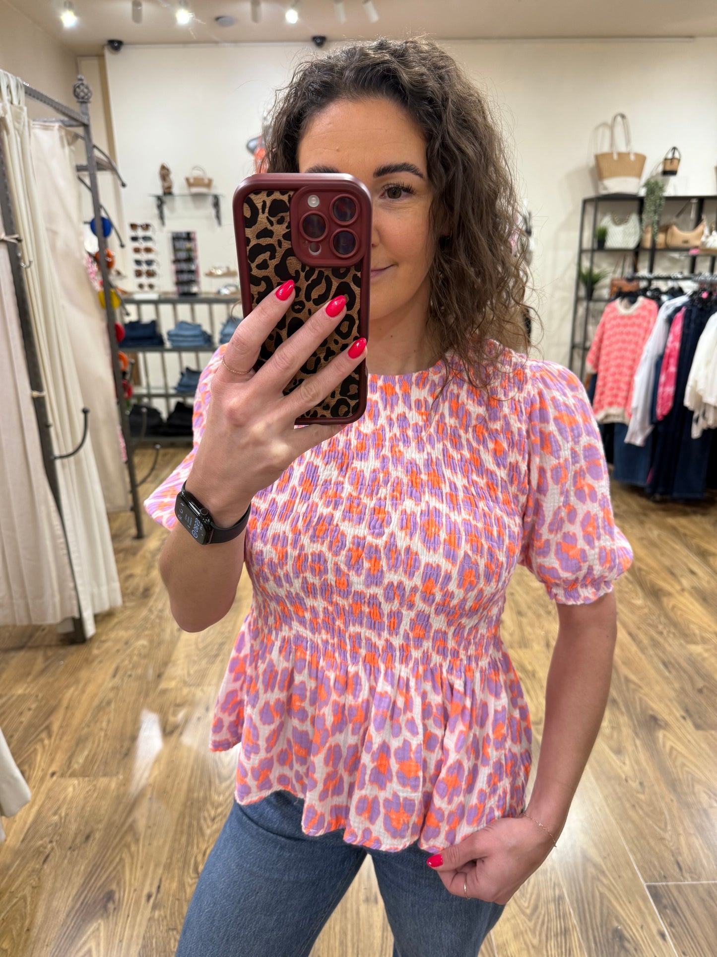 POLLY - Leopard shirred detail peplum top