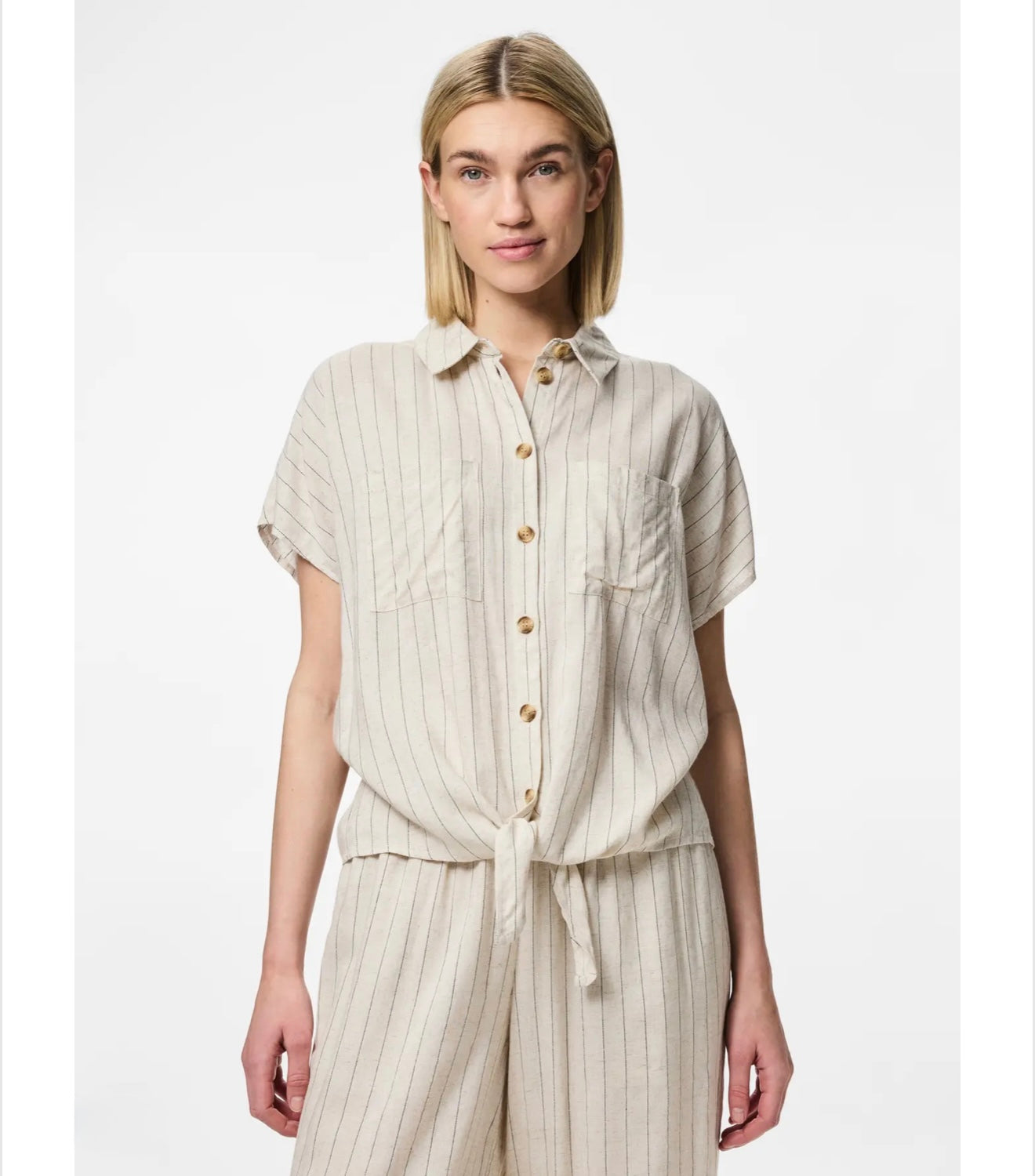 PIECES - PIA - Pinstripe tie linen short sleeve shirt