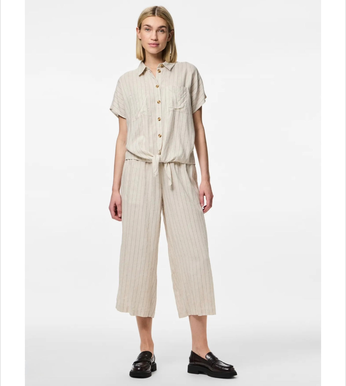 PIECES - PIA - Pinstripe tie linen short sleeve shirt