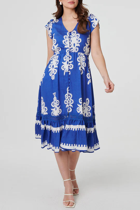 CASSIA - Printed v.neck midi dress