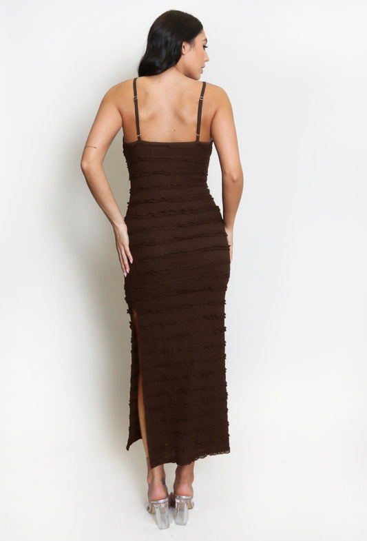 MEREDITH - Fitted midaxi dress with a slight ruffle detail - Brown