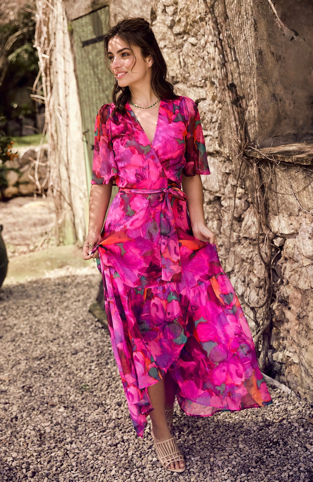 Hope & Ivy - CORINNE - Flutter Sleeve Maxi Wrap Dress with Tie Waist