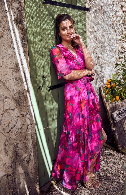 Hope & Ivy - CORINNE - Flutter Sleeve Maxi Wrap Dress with Tie Waist