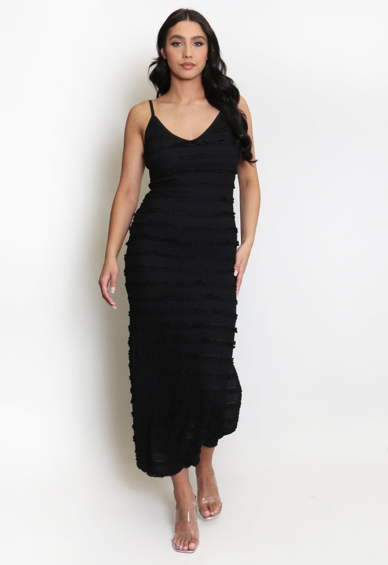 MEREDITH - Fitted midaxi dress with a slight ruffle detail - Black