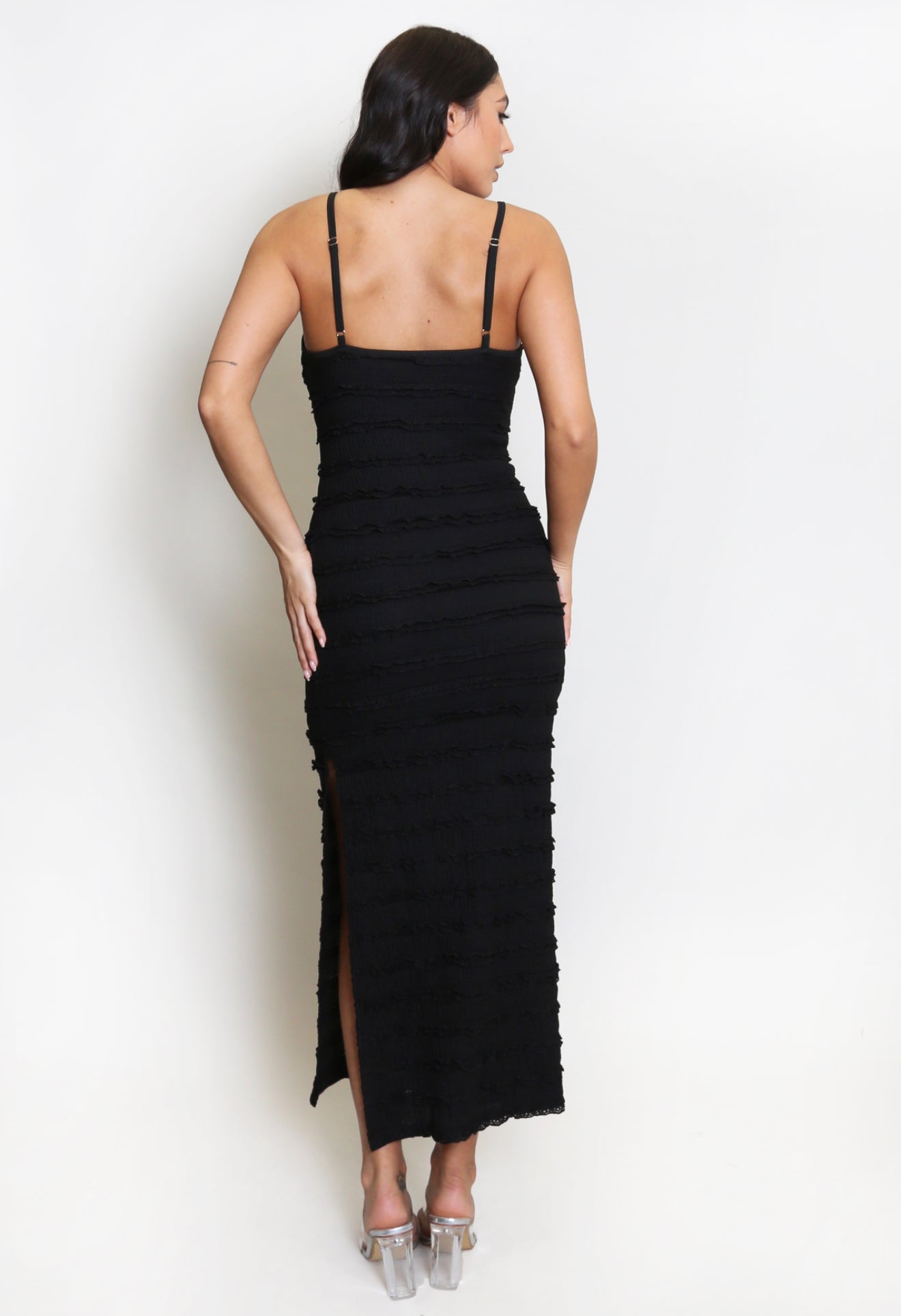 MEREDITH - Fitted midaxi dress with a slight ruffle detail - Black
