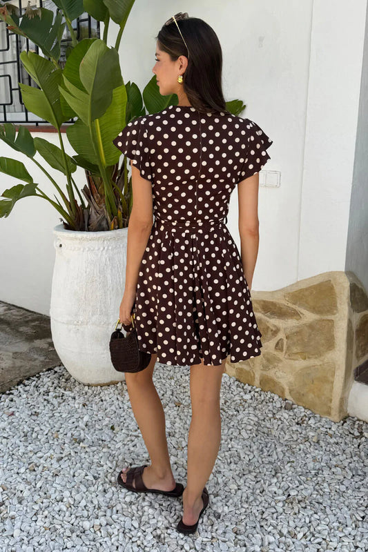 AX Paris - DA2493 - Chocolate Polka Dot Print Wrap Top Skater Mini Dress