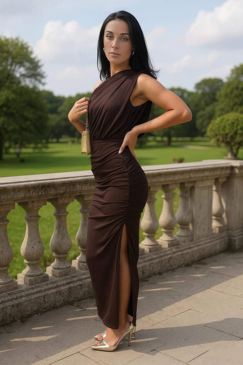 AX Paris - DA2127 - Chocolate Off The Shoulder Draped Top Midi Dress