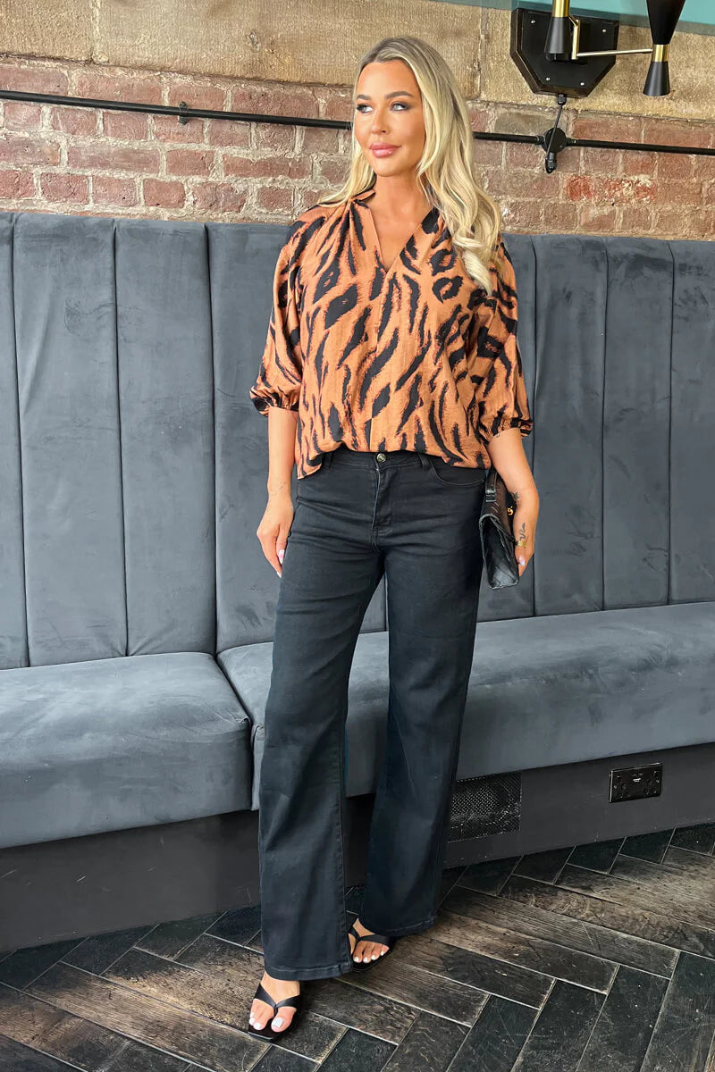 AX Paris - TA665 - Multi Tiger Print V-Neck 3/4 Sleeve Top