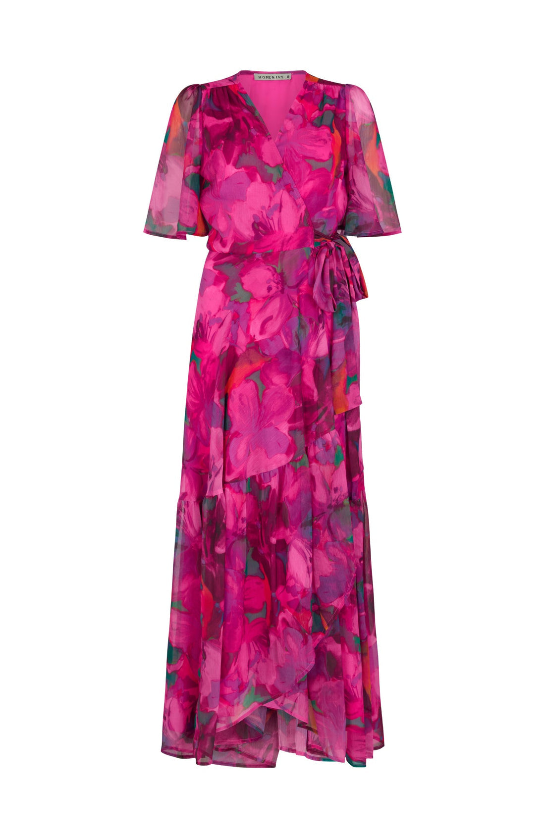 Hope & Ivy - CORINNE - Flutter Sleeve Maxi Wrap Dress with Tie Waist