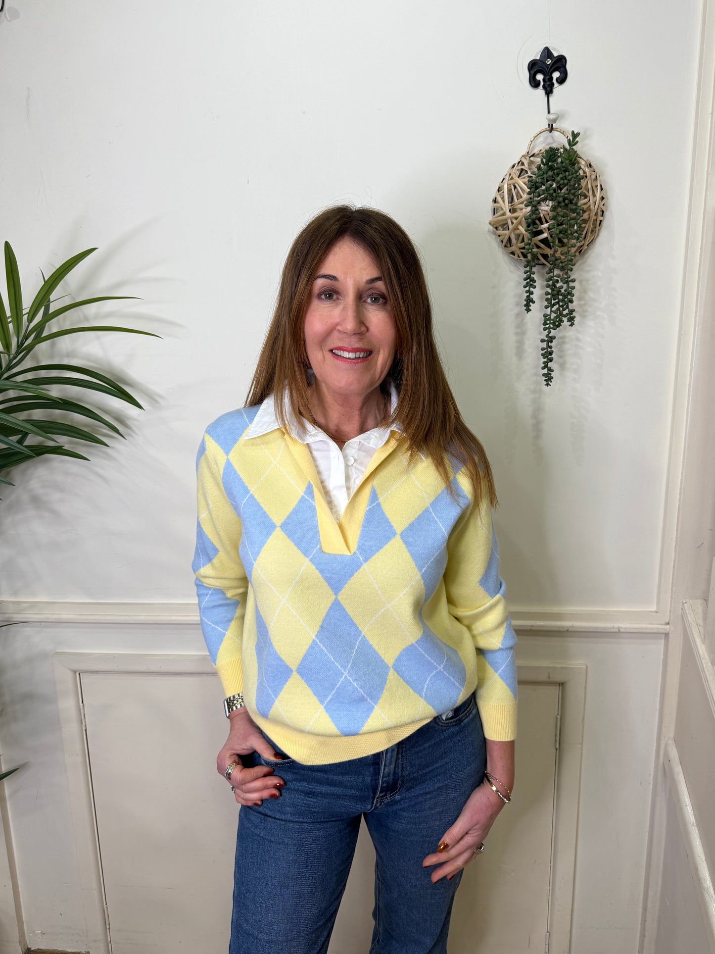 KINGSLEY - Argyle knit with shirt collar detail