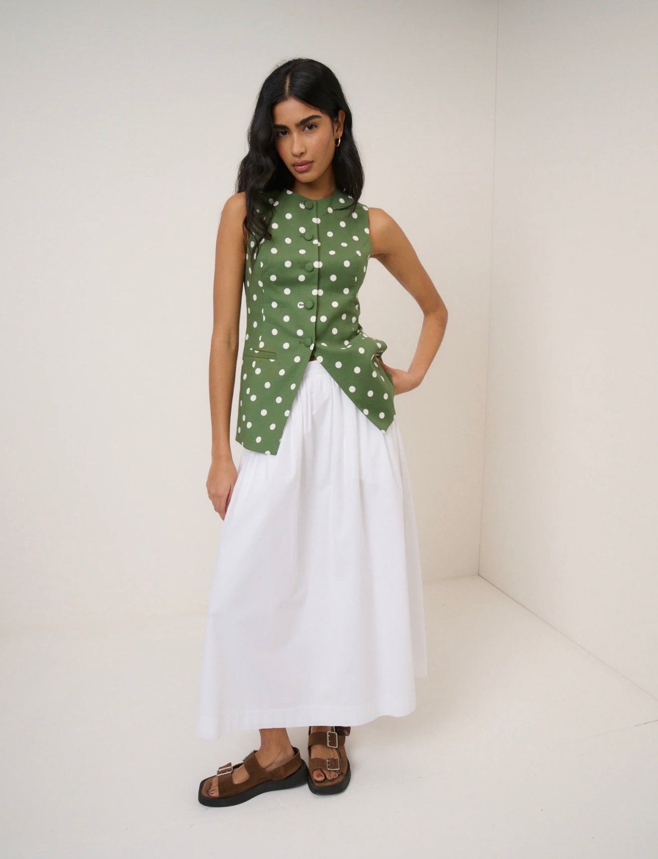 Nobody’s Child - LONGLINE - Green Polka Dot Tailored Waistcoat
