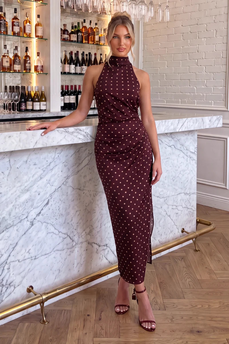 Ax Paris - DA2685 - Burgundy Polka Dot Satin Ruched Midi Dress