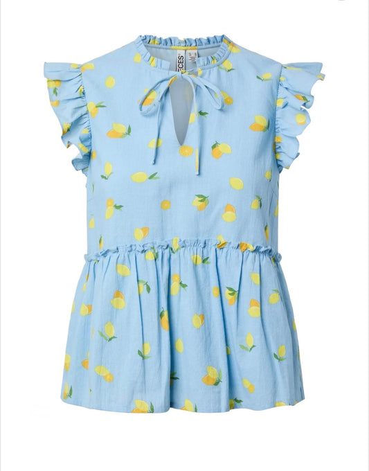 Pieces - EMMA - Lemon print frill top