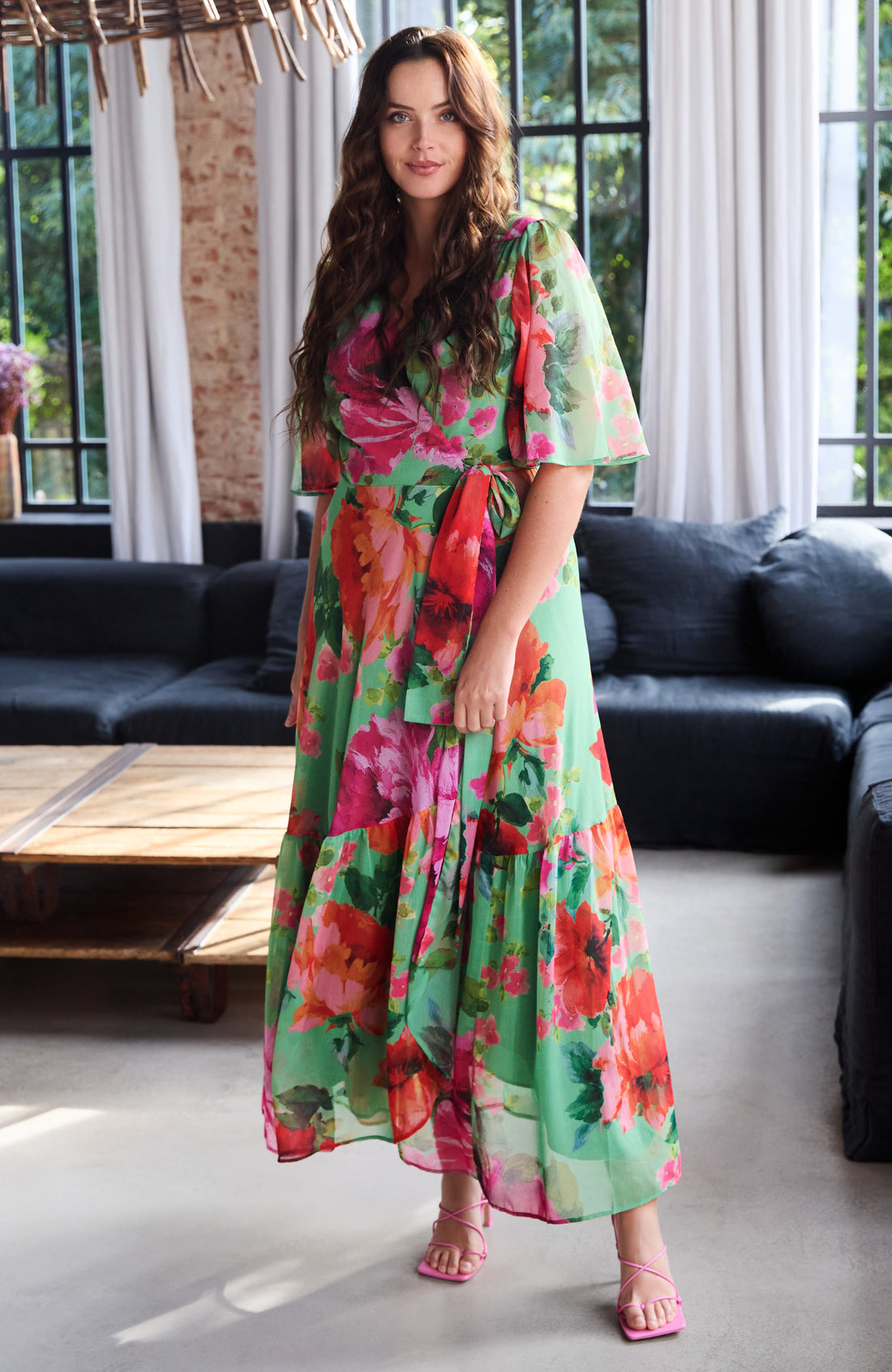 Hope & Ivy - The Samantha - Flutter Sleeve Maxi Wrap Dress with Tie Waist