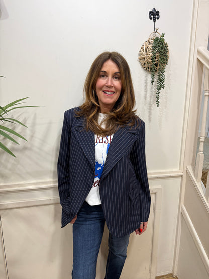 OFFICE - Pinstripe funnel neck blazer