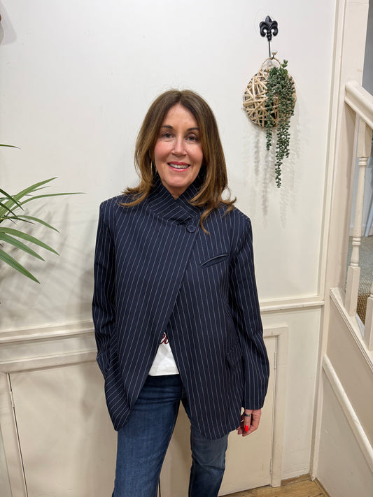 OFFICE - Pinstripe funnel neck blazer