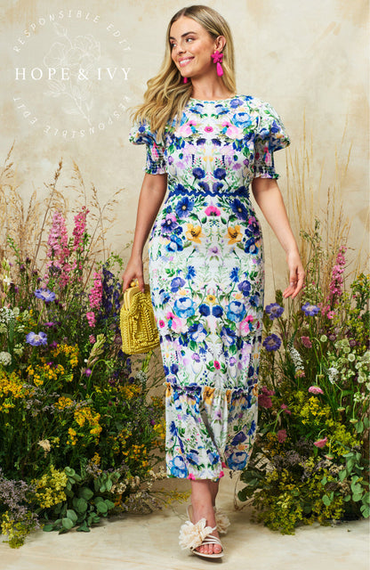 Hope & Ivy - 
The Charlotte Ann - Puff Sleeve Maxi Dress with Bow Back