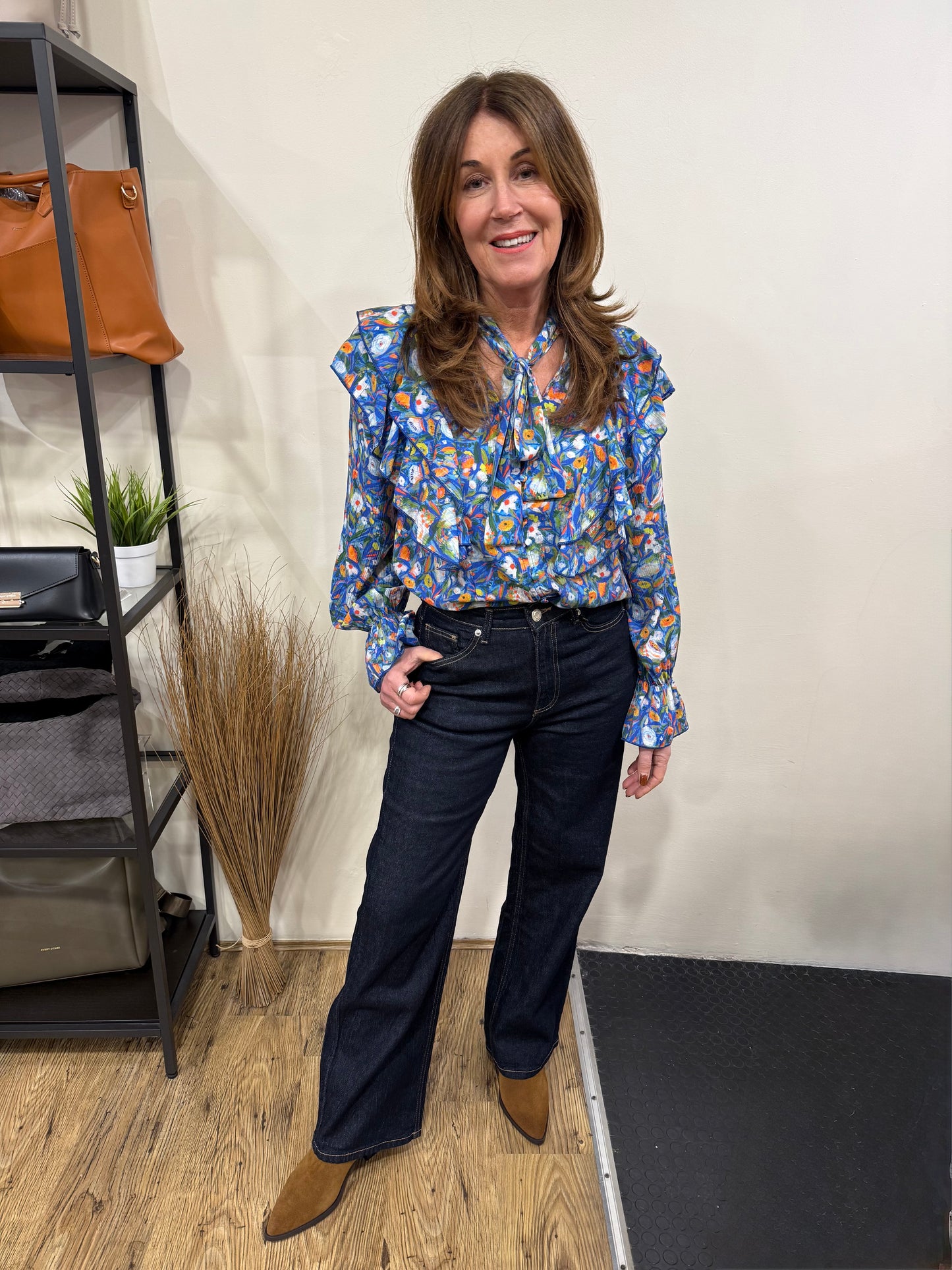 JEMMA - Mix print frill tie neck blouse