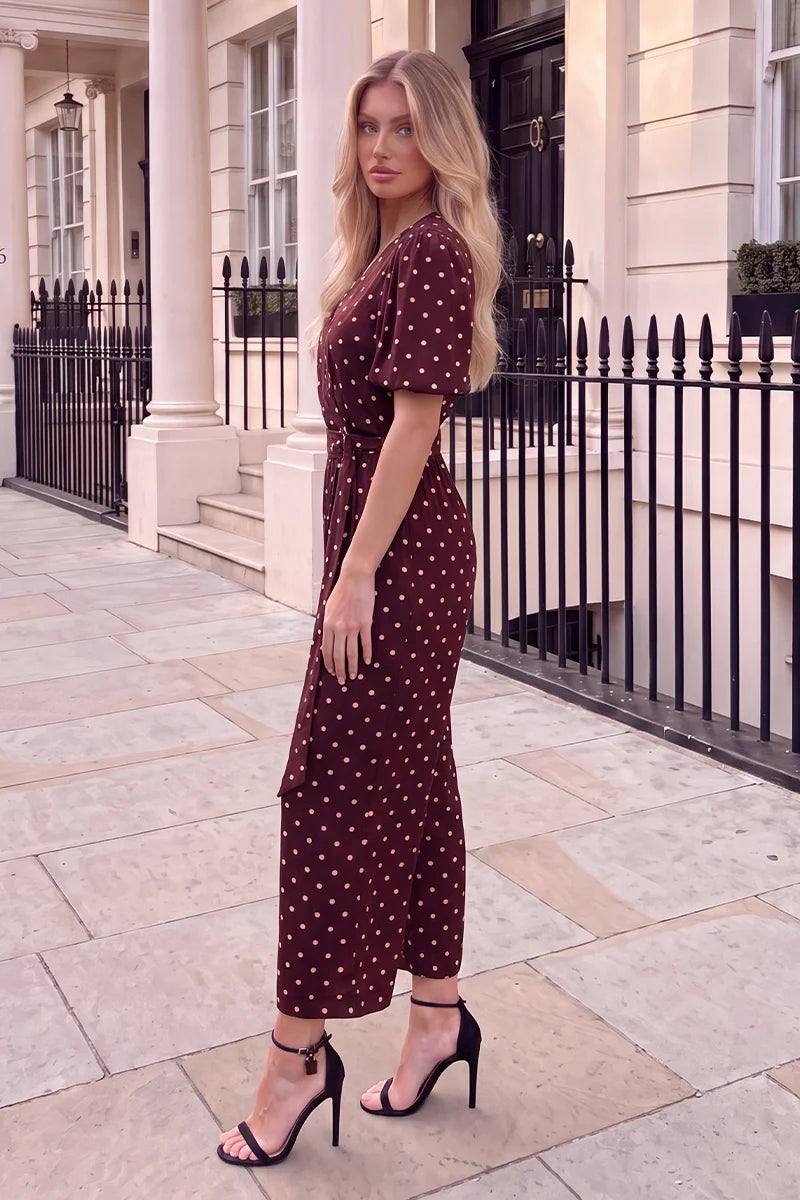 Ax Paris - PA767 - Burgundy Polka Dot Belted Wrap Jumpsuit