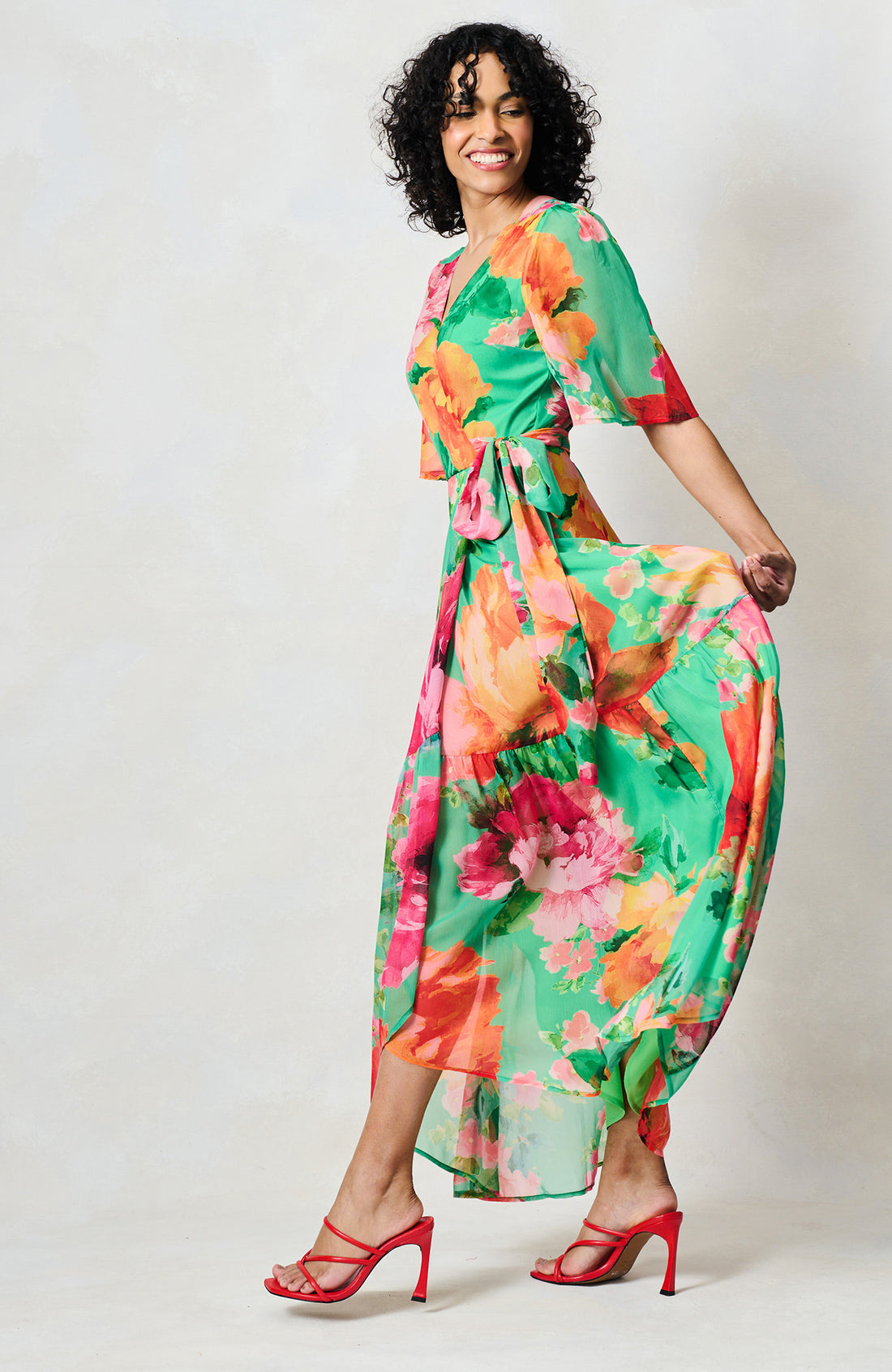 Hope & Ivy - The Samantha - Flutter Sleeve Maxi Wrap Dress with Tie Waist
