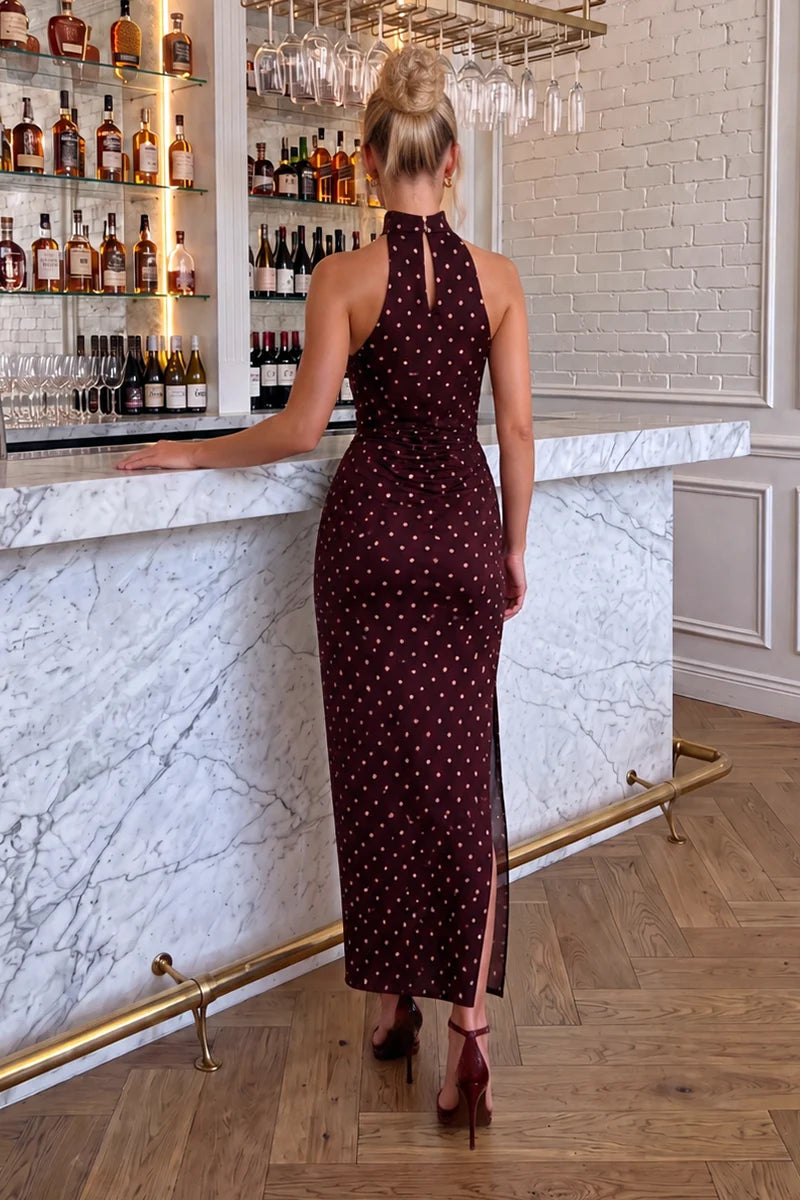 Ax Paris - DA2685 - Burgundy Polka Dot Satin Ruched Midi Dress