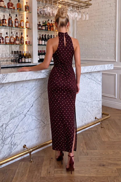 Ax Paris - DA2685 - Burgundy Polka Dot Satin Ruched Midi Dress