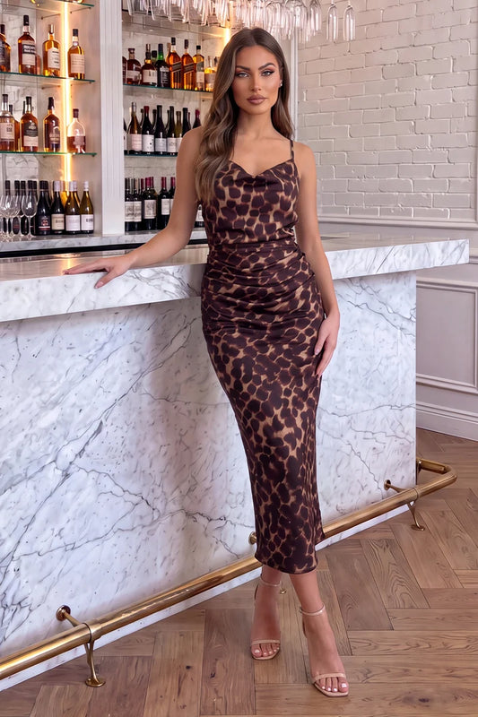 Ax Paris - DA2838 - Multi Animal Print Strappy Cowl Neck Ruched Midi Dress