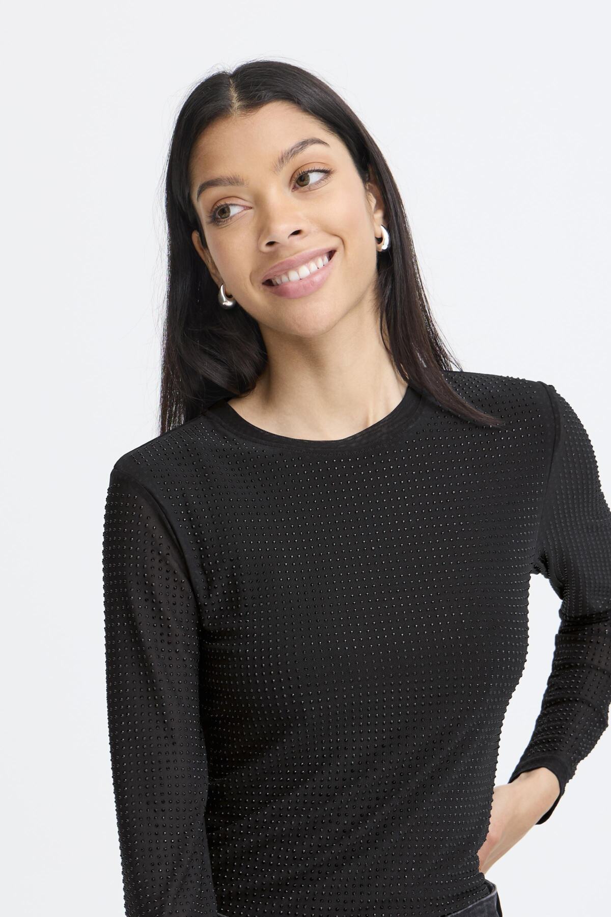 B.Young - PAVLINA - Fitted mesh long sleeve jewelled top