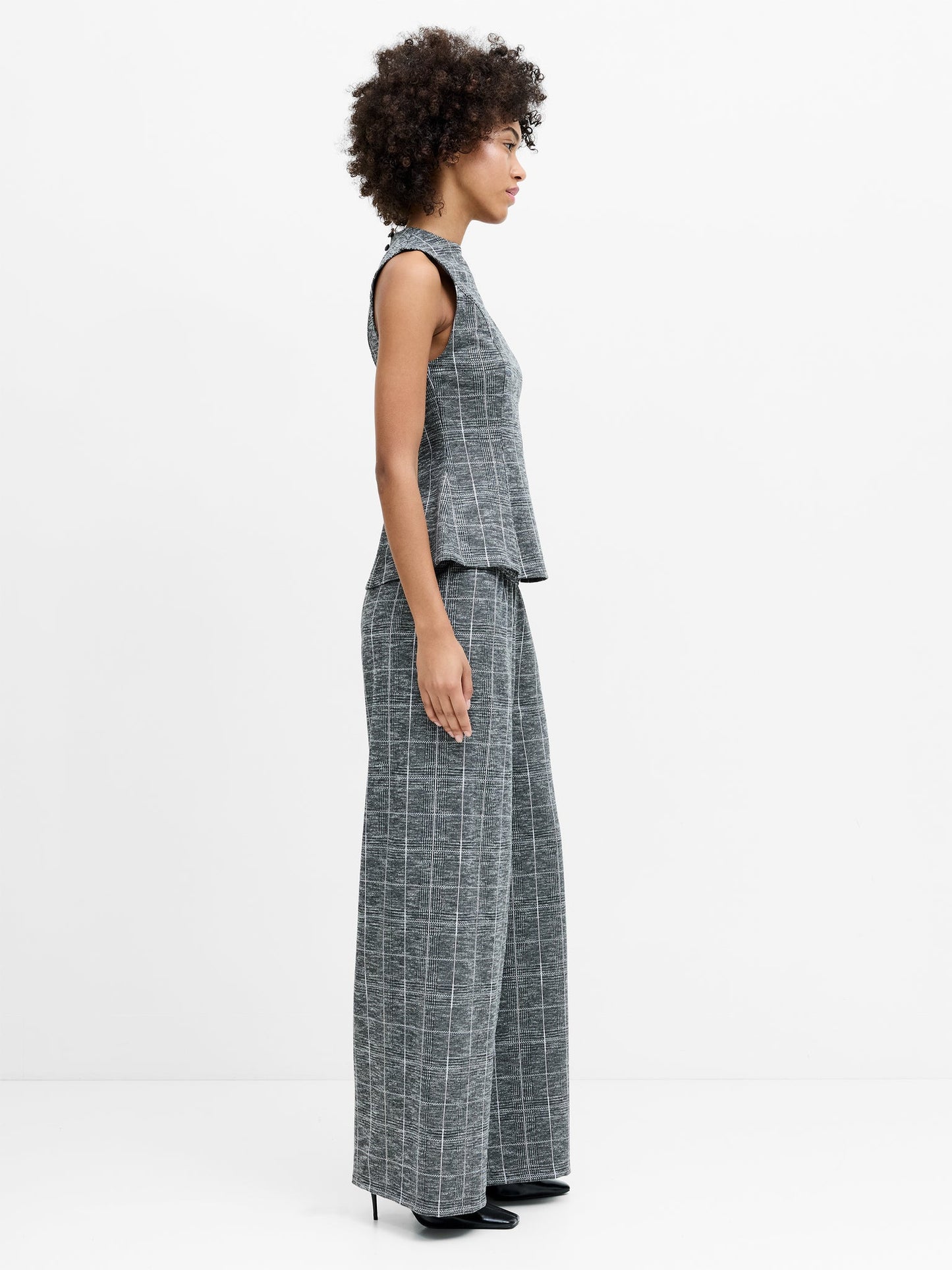 French Connection - Wesley Grey Check Jersey Wide Leg Trousers