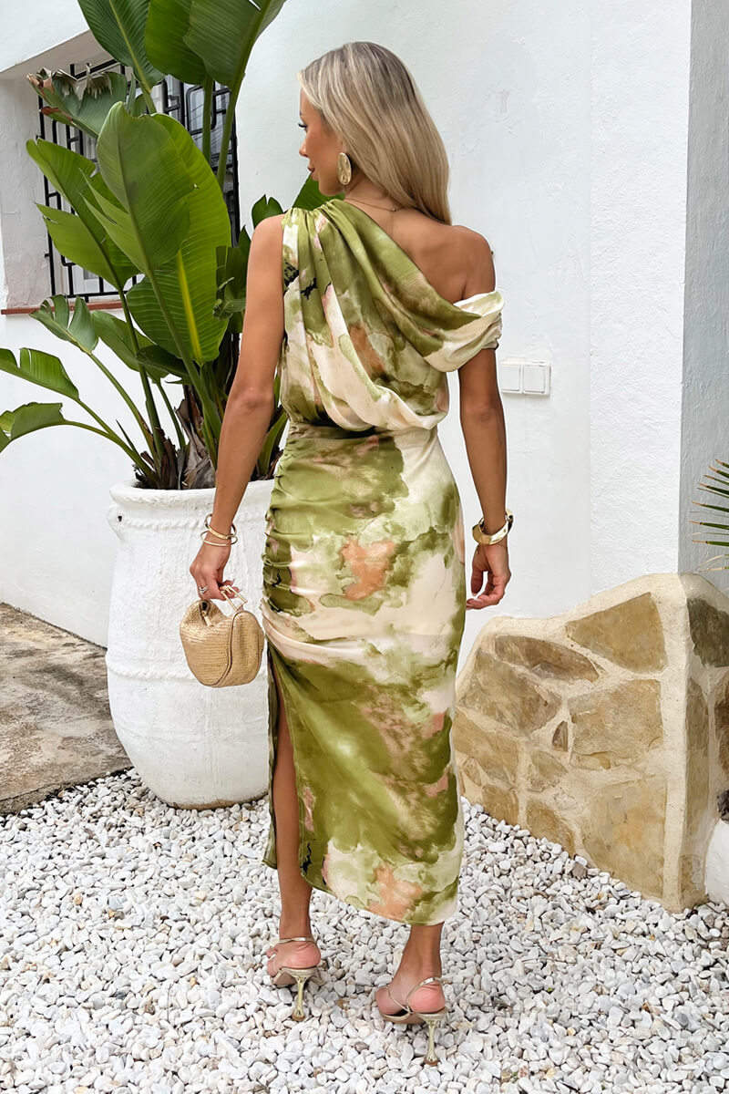Ax Paris - DA2369 - Lime Marble Print Off The Shoulder Midi Dress
