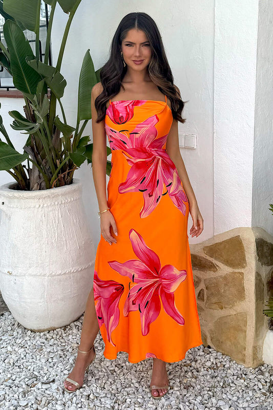 AX Paris - DA2165 - Orange And Pink Floral Print Strappy Slip Midi Dress