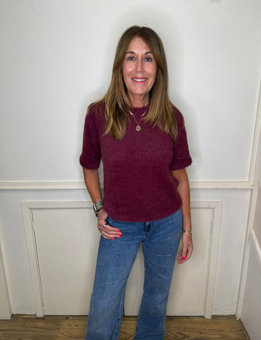 Pieces - OVY - Short sleeve fluffy knit - Burgundy