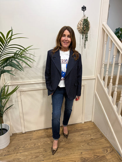 OFFICE - Pinstripe funnel neck blazer