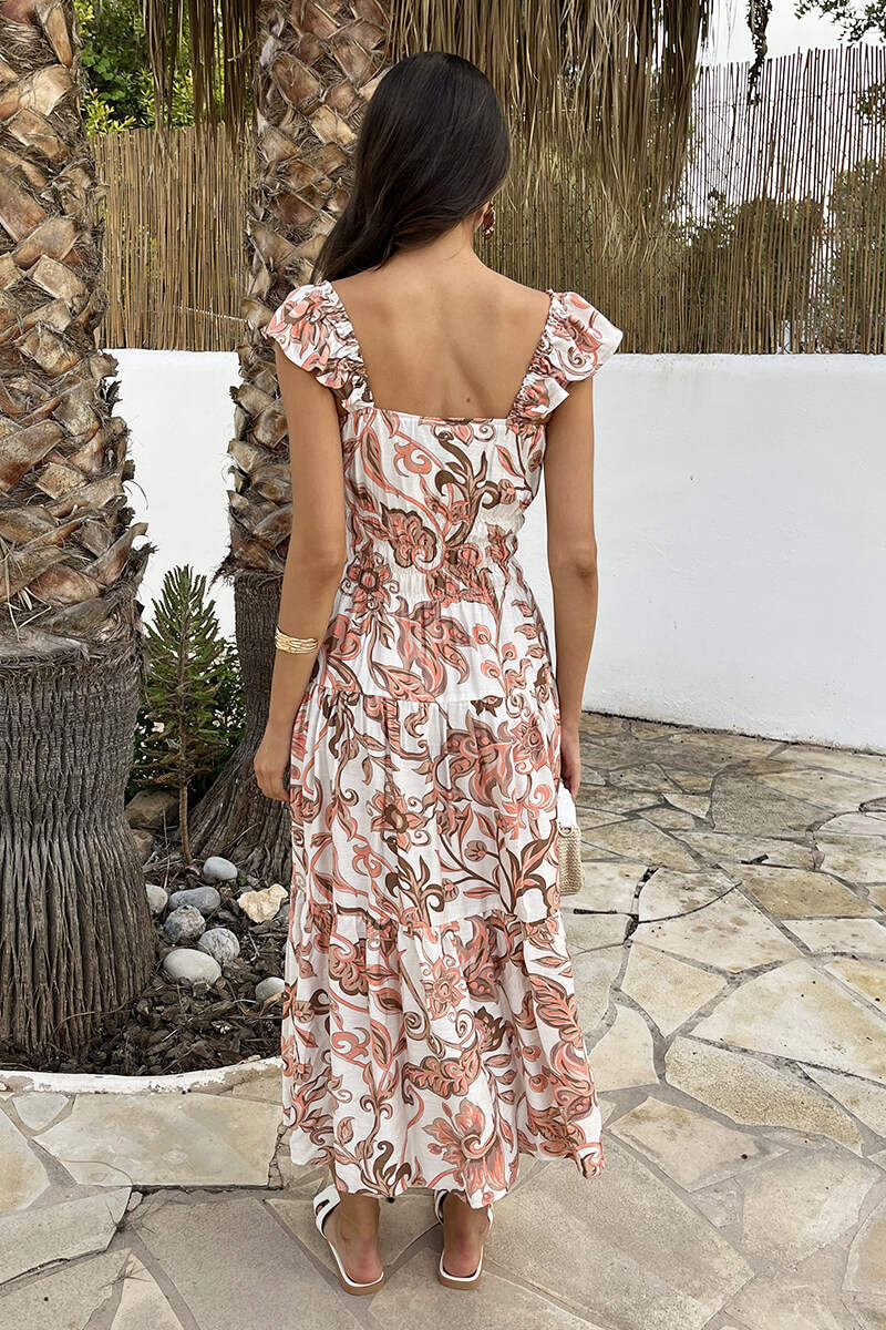 AX Paris DA2569 - Multi Boho Floral Print Frill Strap Smock Midi Dress