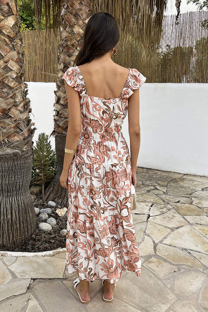 AX Paris DA2569 - Multi Boho Floral Print Frill Strap Smock Midi Dress